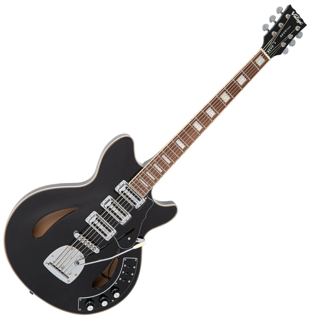 Vintage - REVO Series 'Custom Supreme Baritone VI'  - Semi-Acoustic Guitar ~ Boulevard Black