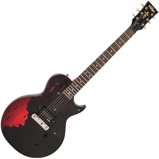 [V120MRBK] Vintage - V120 ICON Electric Guitar -Distressed Black Over Cherry Red